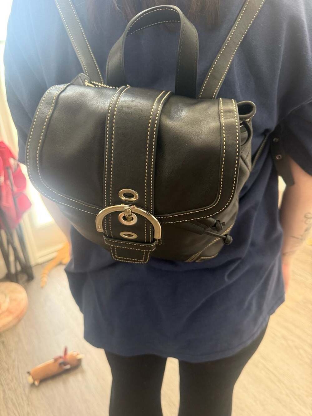 Vintage Coach Soho Small Black Leather Drawstring Backpack with Contrast Stitchi